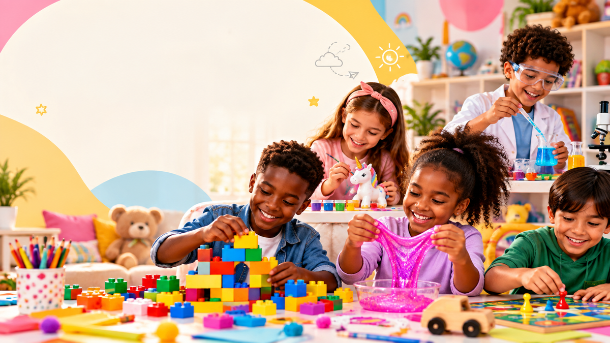 Children enjoying creative toys, science activities, slime, building and games in a bright BISDROP playroom