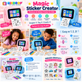 Magic Sticker Creator product collage featuring blue and pink printers, a boy and a girl creating stickers