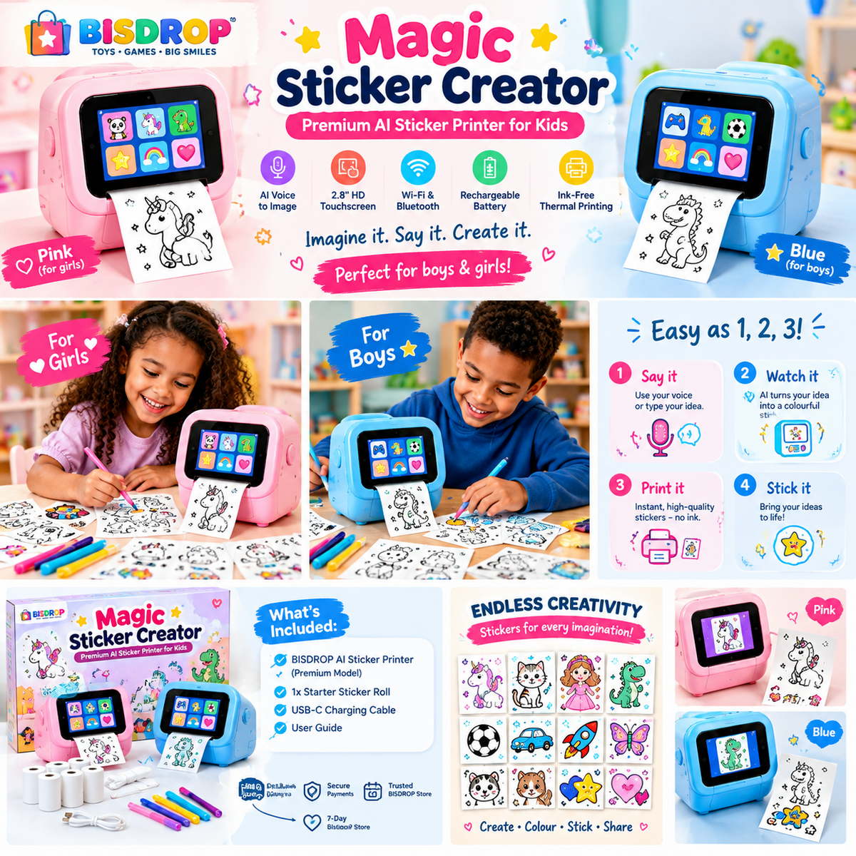 Magic Sticker Creator product collage featuring blue and pink printers, a boy and a girl creating stickers
